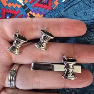 VINTAGE Silver Drum Cufflinks and Tie Clip Set